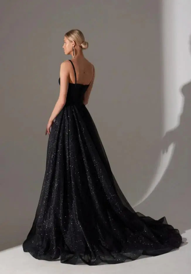 qgtao Gold Black Evening Dresses Glitter Tulle Sparkly Bling Long Sweep Train Sweetheart Spaghetti Strap A Line Formal Party Prom Gown