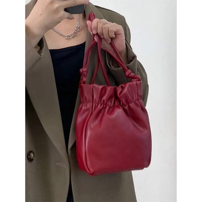 qgtao Korean Cute Pleated Bucket Bag Women Fashion All-Match Texture Soft Leather Mini Bag Popular Shoulder Crossbody Mobile Phone Bag