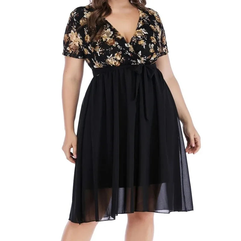 qgtao Plus Size Loose Floral Print Dress V Neck Short Sleeve High Waist Lace Up Perspective Mesh Splicing Elegant Vestido Feminino