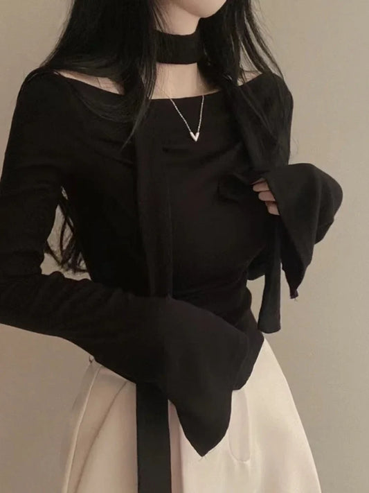 qgtao Y2K Crop T-Shirts Women Hotsweet Chic Long Sleeve Top Female Vintage Fashion Off Shoulder Tee Lady Spring Casual Lace-Up T Shirt