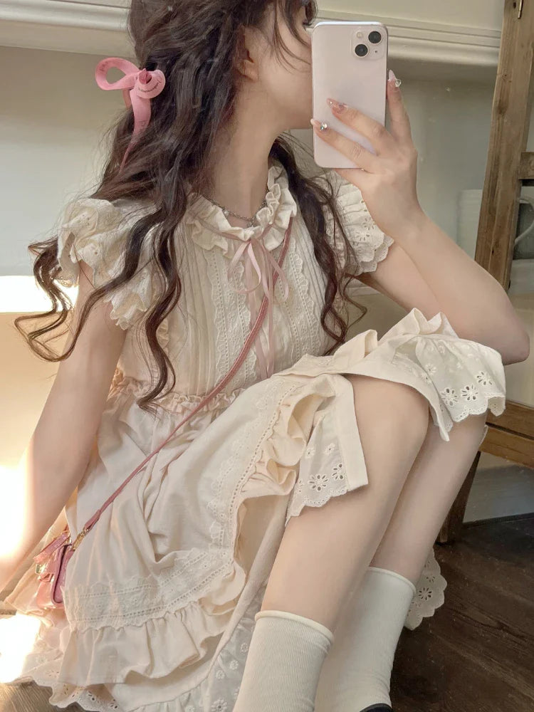 qgtao Summer Lolita Kawaii Mini Dress Women Flying Sleeve Japanese Sweet Cute Dress Female Korean Style Ruched Fairy Dress 2023 New