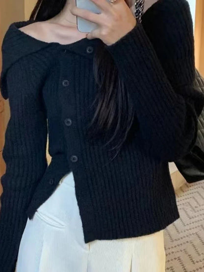 UCXQ Winter Women's Sweater 2024 New Versatile Sexy Coats Solid Irregular Off Shoulder Knitted Cardigan French Retro Knitwears