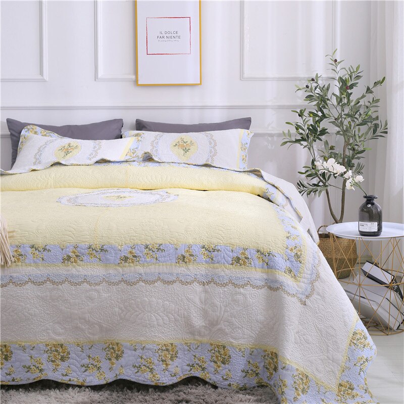 Yeknu 100% Cotton Yellow Daisy Quilt 3pcs Embroidered Quilted Quilt Pillowcase Free Shipping