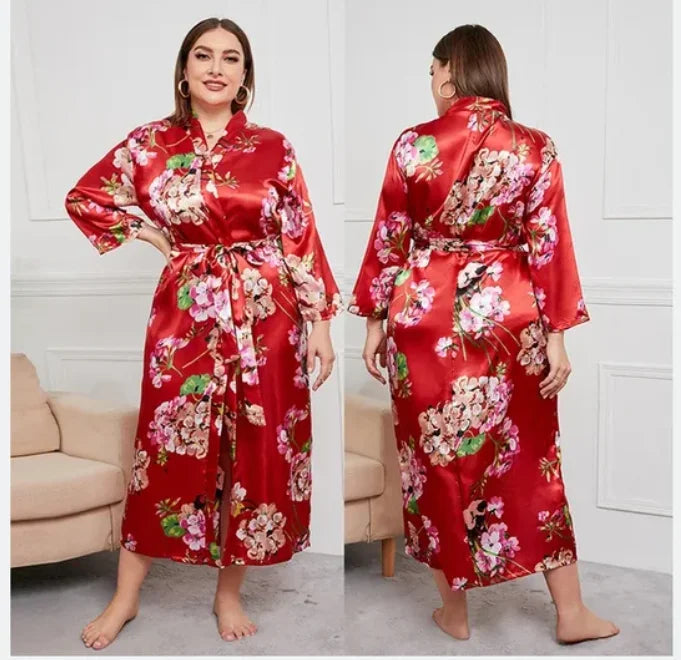 qgtao Oversize Long Robe Spring Summer Women Sleepwear Kimono Bathrobe Gown Sexy Satin Nightwear Nightgown Loose Home Dressing Gown