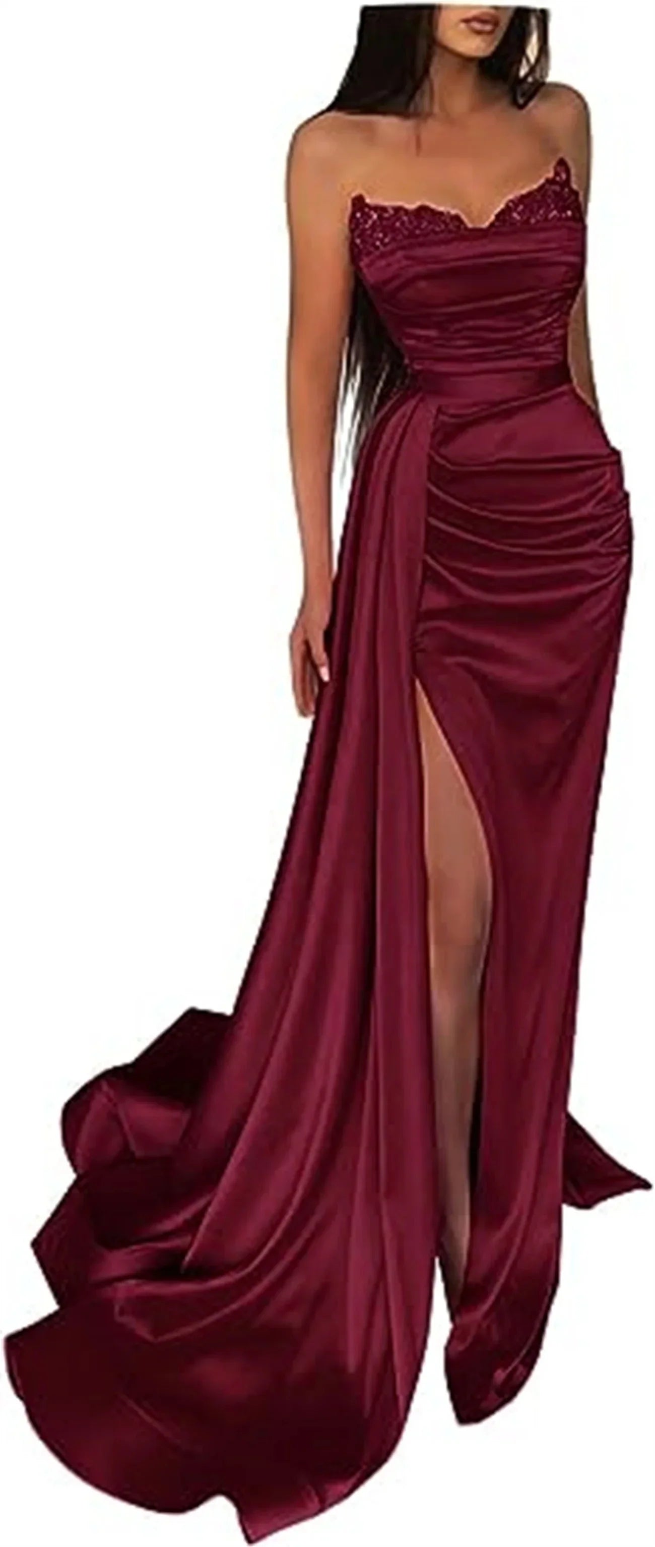 qgtao Line Sexy High Split Prom Formal Evening Dress Strapless Sleeveless Court Train Satin with Slit Pure Color robes de soirée