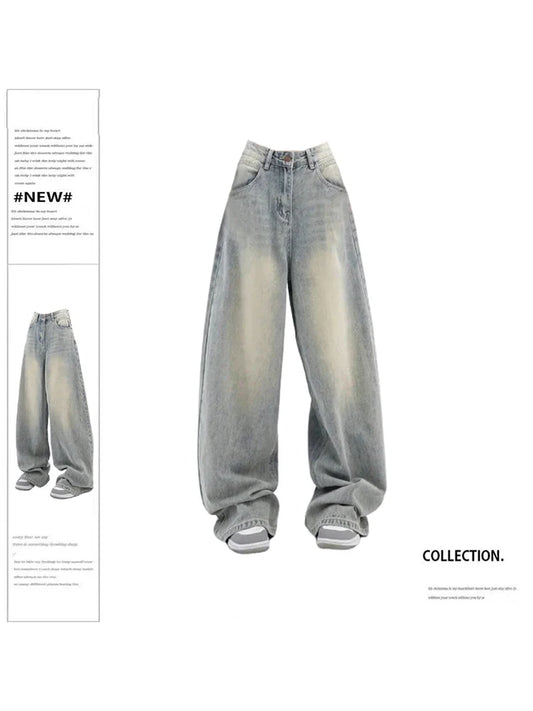 Women Vintage Baggy Blue Jeans High Waist Denim Trousers 2000s Y2k Harajuku Fashion 90s Aesthetic Wide Pants Trashy Clothes 2024