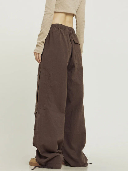 QWEEK Baggy Cargo Pants Women Oversize High Waist Vintage Folds Trousers Streetwear Multiple Pockets Drawstring Jogger Pants