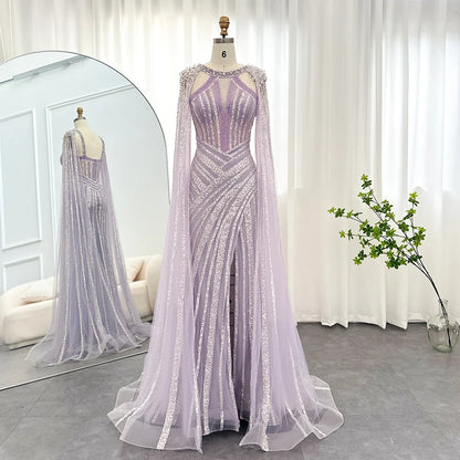 Luxury Crystal Dubai Yellow Evening Dress with Cape Sleeves Lilac Arabic Mermaid Women Wedding Party Gown