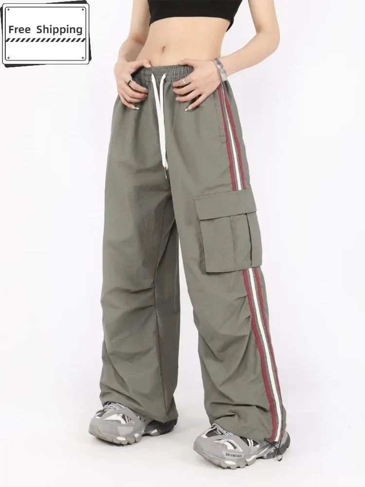 qgtao Y2K Cargo Pants Women Baggy Vintage High Waist Stripe Sweatpants Casual Loose Drawstring Parachute Jogger Wide Leg Pants