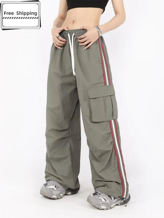 qgtao Y2K Cargo Pants Women Baggy Vintage High Waist Stripe Sweatpants Casual Loose Drawstring Parachute Jogger Wide Leg Pants