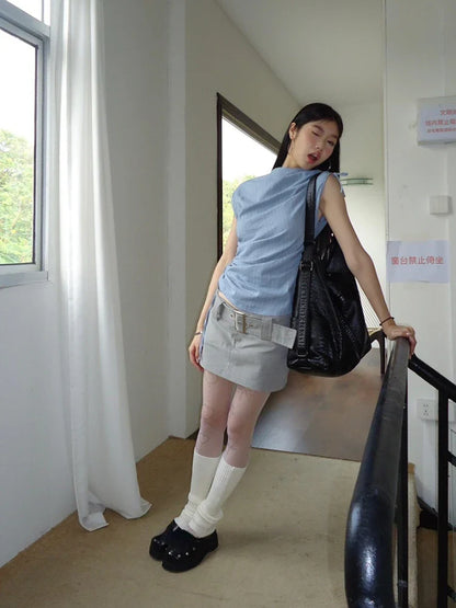 qgtao  -  Blue Sleeveless Tank Tops Women Striped Irregular T-shirts for girl Drawstring Lace Up High Neck Tees Hip Hop Streetwear