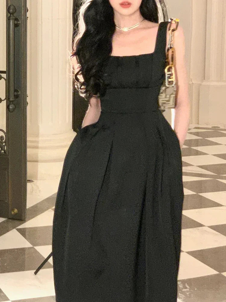 qgtao-Vintage Elegant Dress for Women Sleeveless Square Collar Spaghetti Strap Fashion Party Evening French Dress 2024 New Summer