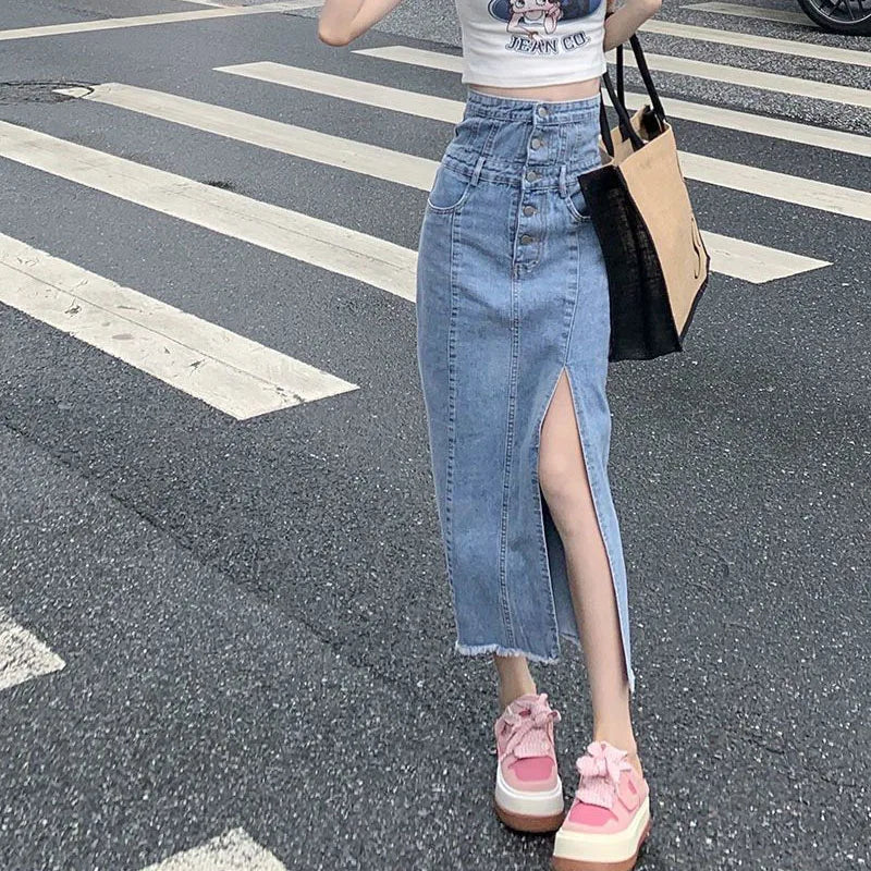 qgtao Vintage Front Split A-Line Skirt Women 2024 Spring Summer Single-Breasted Design Midi Skirts Woman Korean High Waist Jean Skirt