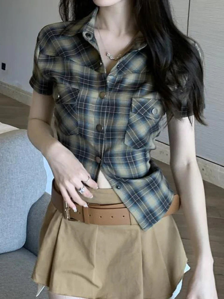 qgtao  -   Vintage Short Sleeve Plaid Shirt Women 90s Button Up Cardigan Blouse Female American Retro Sexy Cargo Tight Tops