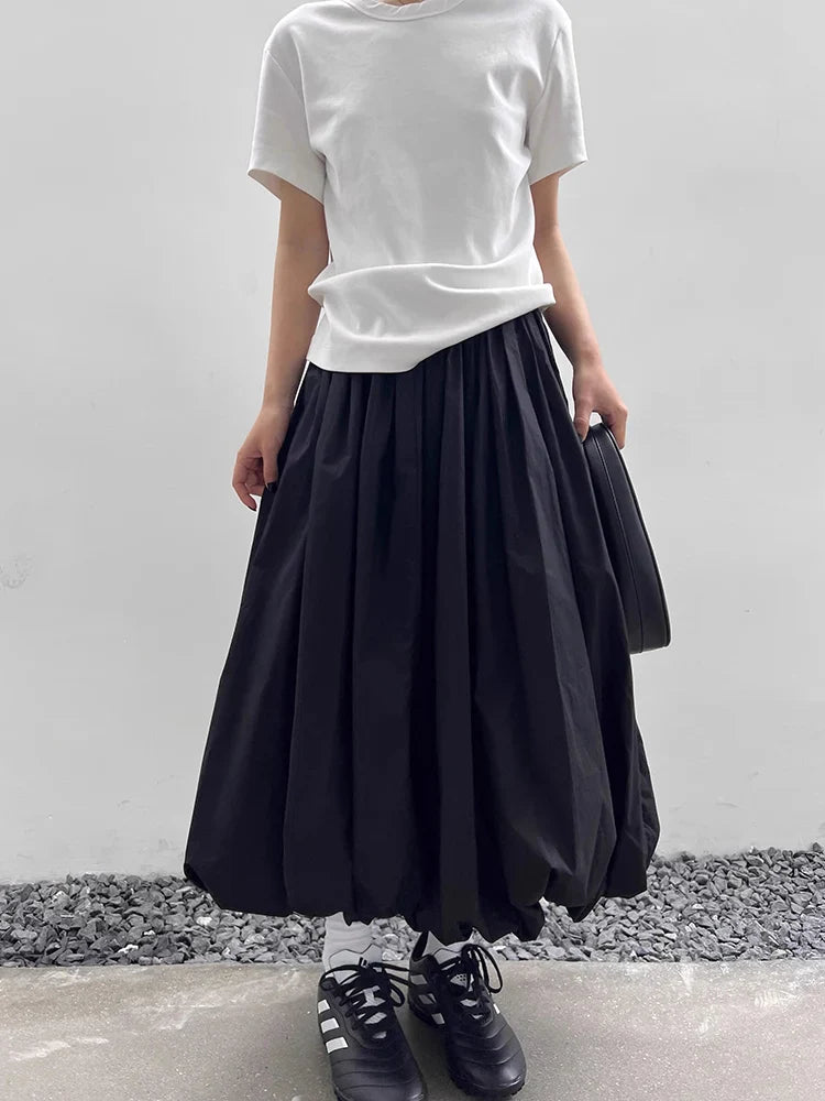 qgtao Long Skirt Women Elegant Solid Elastic Waist A-line Vintage Korean Fashion Loose Balloon Maxi Skirt Casual Streetwear