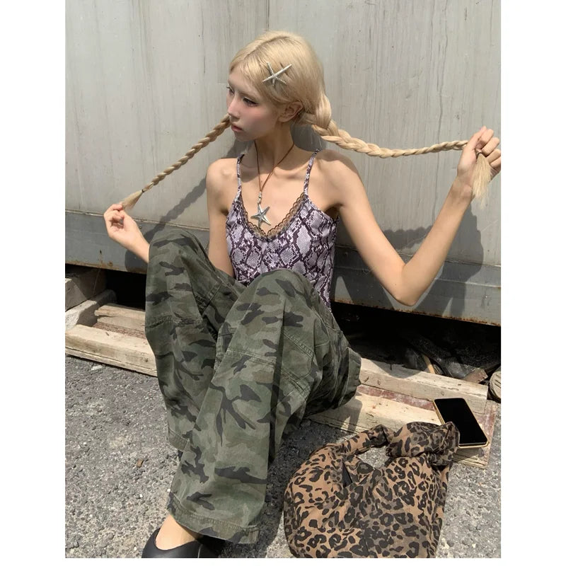 qgtao  -  Green low Waist Women Overalls Camouflage American Fashion Loose Streetwear Style Wide Leg Female Trouser Baggy Straight Pants