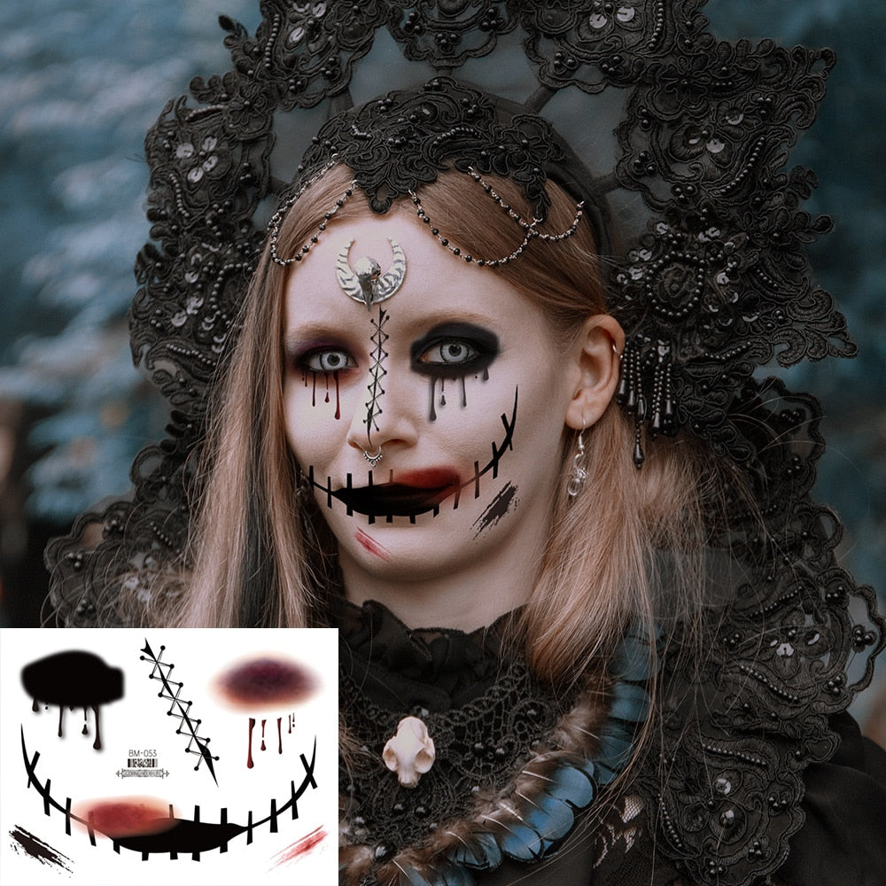 Halloween Face Makeup for Women Men Big Mouth Temporary Tattoo Stickers Disposable Funny Fake Tattoo Waterproof for Saints' Day