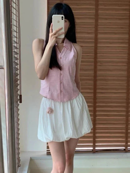 qgtao  -  Vintage Women Sleeveless Halter Polo Shirts Summer Y2k Pink Button Up Blouse Female Casual Slim Office Lady Clothes Chic