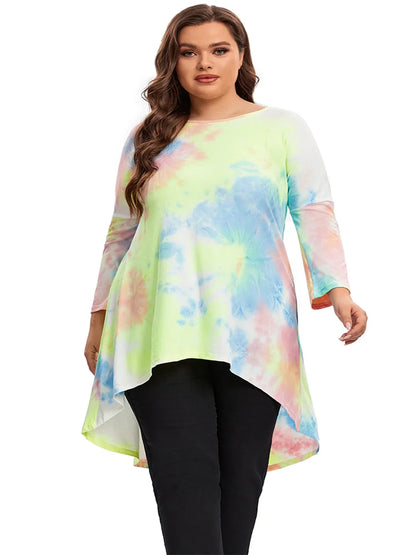 qgtao Plus Size Long Sleeve Elegant Tie Dye Tunic Tops Long Loose Autumn Hi Low Swing Blouse T-shirt Plus Size Clothing Women 6XL 7XL