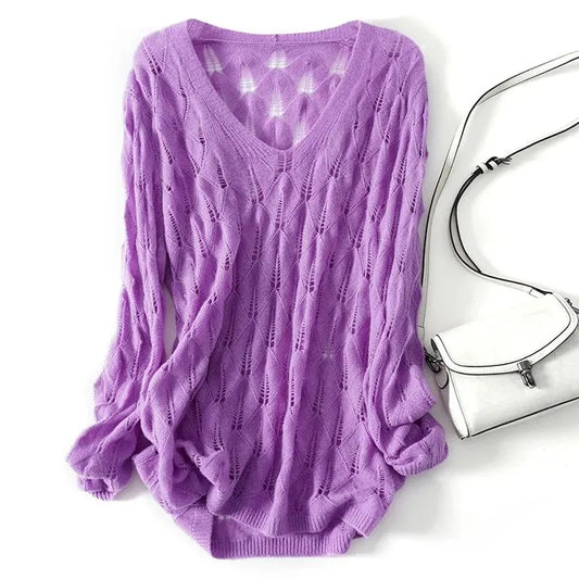 Women's Summer Oversized Sexy Hollow Cover-up Thin Knitted Sweaters Trendy Casual Solid V Neck Long Sleeve Crochet Pullover Tops