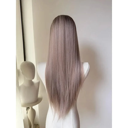 qgtao  -  Wig Long Straight Mixed Color Chocolate Gray 24 Inch Women's Lace Wig Natural Color Synthetic Wig for Cosplay