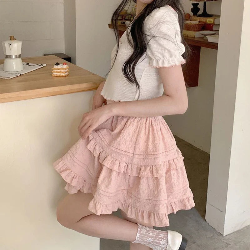 qgtao kawaii Japanese Style Women Mini Skirt Ruffle Layered Lolita Pink Cutecore Sweet Short Skirts Lace Elegant A-line Skirt