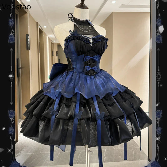 qgtao Vintage Victorian Lolita Princess Mini Dress Women Gothic Y2k Bow Lace Ruffles Sleeveless Party Dresses Girl Sweet Elegant Dress