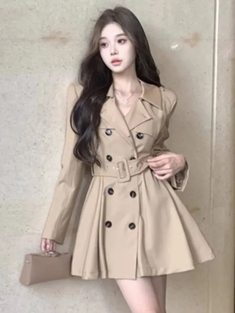 qgtao Autumn New Korean Chic Elegant Trench Coat Dresses for Women with Belt Turn-down Collar Double Breasted Casual Female Clothing