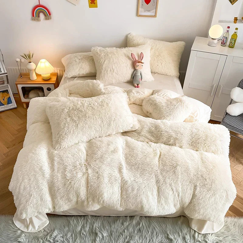 Yeknu Plush Bedding Set Soft Fluffy Faux Fur Duvet Cover Sheet Pillowcase Fuzzy warm Bedlinens