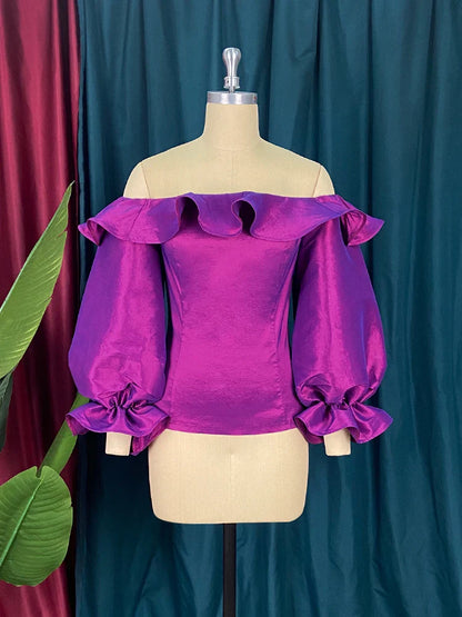 qgtao Off Shoulder Blouse Plus Size Ruffles Long Flare Sleeve Shiny Purple Tops Evening Party Cocktail Club Wear Shirts Blouses 4XL