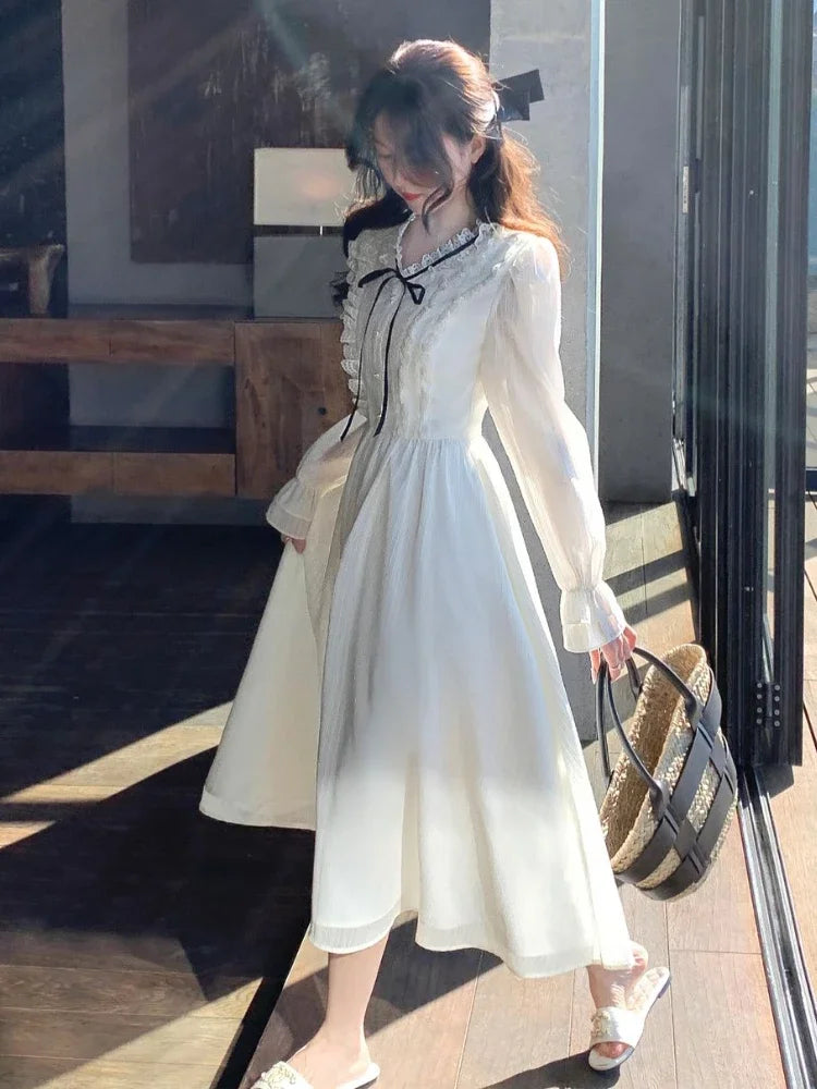 qgtao White Elegant Long Sleeve Fairy Dress Women Ruffles Design Korean Slim Party Dress Female 2024 Autumn Fashion Casual Midi Dress