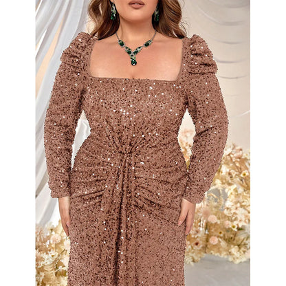 qgtao Plus Size Square Neck Sequin Luxury Extra Long Glitter Evening Gown Big Size Women Wedding Banquet White Sequin Evening Dress