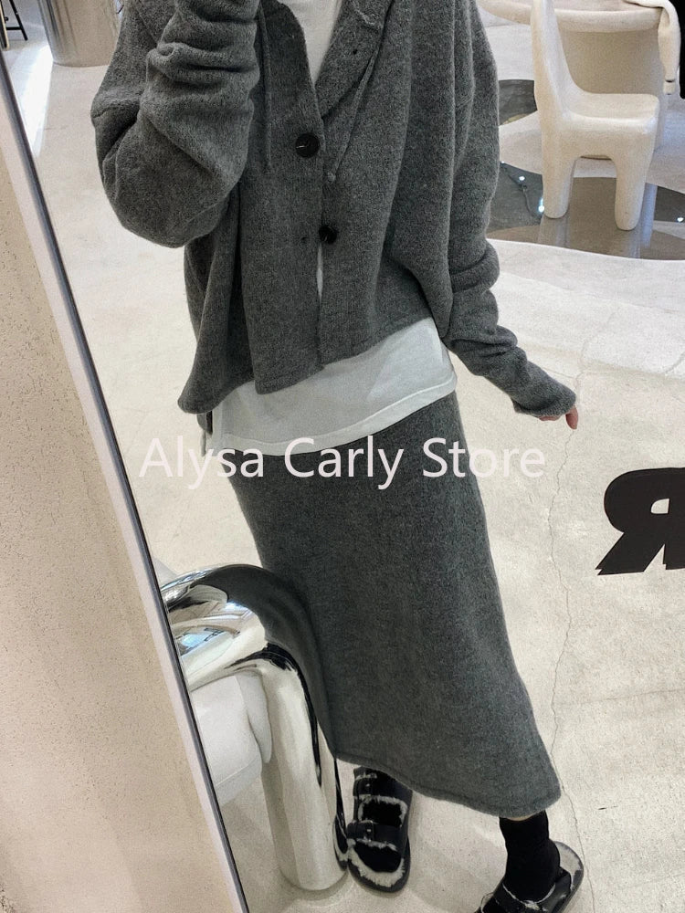 qgtao Elegant Knitting 2 Piece Set Women Long Sleeve Coat + Casual Midi Skirt 2023 Winter Vintage Party Office Lady Korean Knited Suit