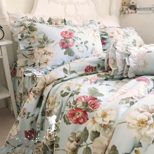 Yeknu Korean 100% Cotton Floral Bedding Set Flounced Rural European Garden Cotton 4pcs Set Cake Layer Ruffles Duvet Cover King Queen