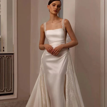 qgtao  Satin Mermaid Wedding Dresses With Detachable Train Beads Sequins Strap Women Luxury Bridal Gowns Backless Bride Dress