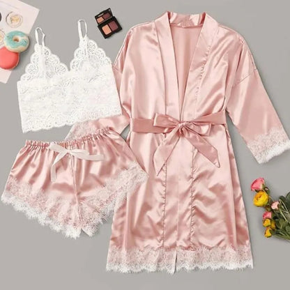 qgtao Woman Sleepwear 4pcs Floral Lace Trim Satin Pajamas Set with Robe Sexy Faux Silk Pijamas Robe Sets Casual Home Clothes Nightwear sleepwear