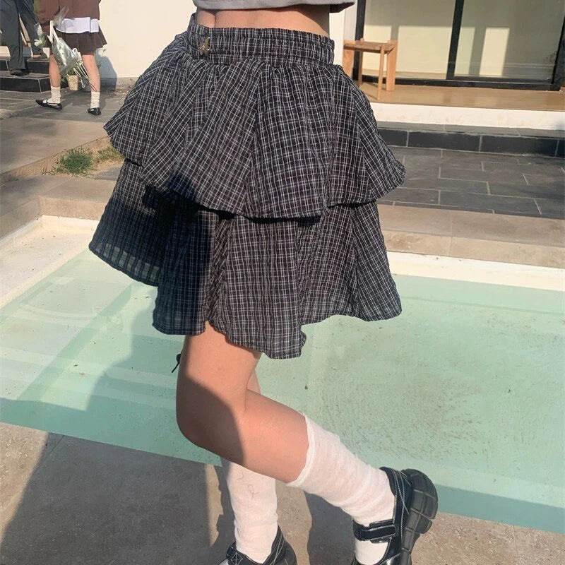 qgtao Ruffle Plaid Mini Skirt Women Kawaii Preppy Style Short Skirts Layered Sweet Cute Korean Fashion Casual Street Skirt