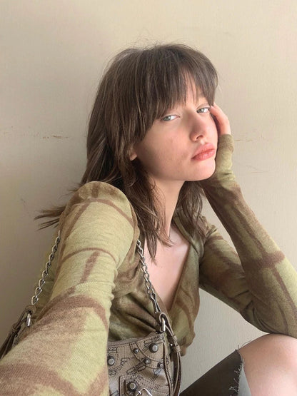 HOUZHOU Vintage Y2k T-shirts Women Grunge Aesthetics Tie Dye Long Sleeve Tees Hippie Korean 2000s Streetwear Harajuku Female