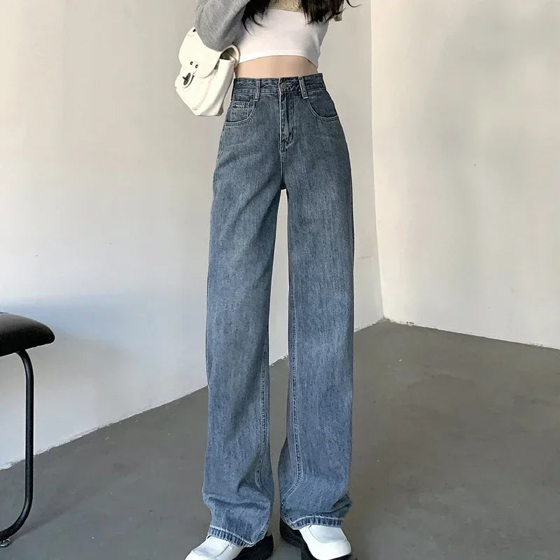 qgtao  High Waiste Jeans Y2K Fashion Women Clothing Blue Black Straight Leg Denim Pants Trousers Mom Jean Baggy Trousers Tall