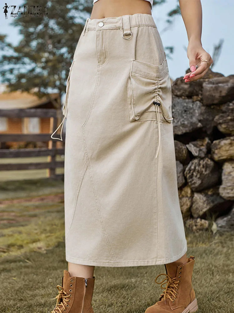 qgtao Women Cargo Skirt 2024 Elegant Loose Midi Jupes Vintage Drawstring Pockets Falda Elastic Waist Straight Skirts Streetwear