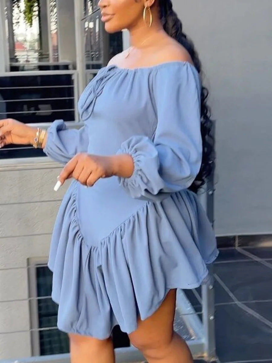 qgtao  Plus Size dress Off The Shoulder Drawstring Ruffle Design Dress Autumn NEW sexy long sleeve dresses 2023 Casual Mini Dresses