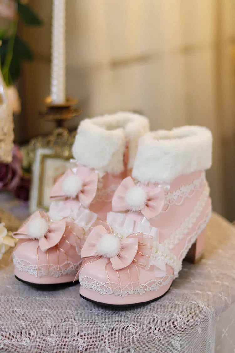 qgtao Original Lolita Cute Plush Ball Plush Warm Short Boots Lolita Shoes Sweet PU Girls' Shoes