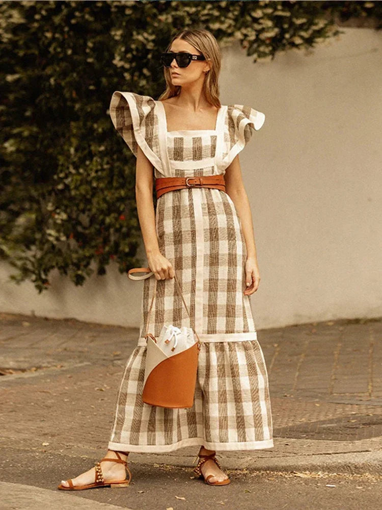 qgtao Vintage Plaid Flying Sleeve Shoulder Midi Dress Elegant Spliced Square Collar High Waist Vestidos Spring High Street Female Robe