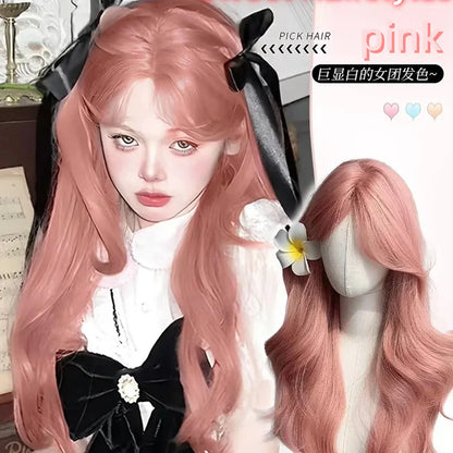 qgtao  -  Pink Wig for Women Long Wavy Pink Lolita Cosplay Wig Sweet Nature Wave Headband Synthetic Wig