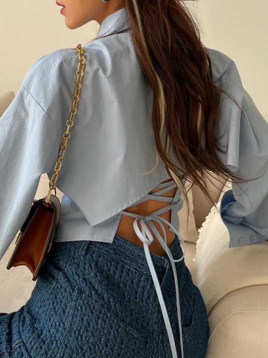 qgtao  -  Y2K Crop Top Women Vintage Long Sleeve Shirts Female Elegant Chic Lace-Up Blouse Ladies Summer Slim Single Breasted Blusas