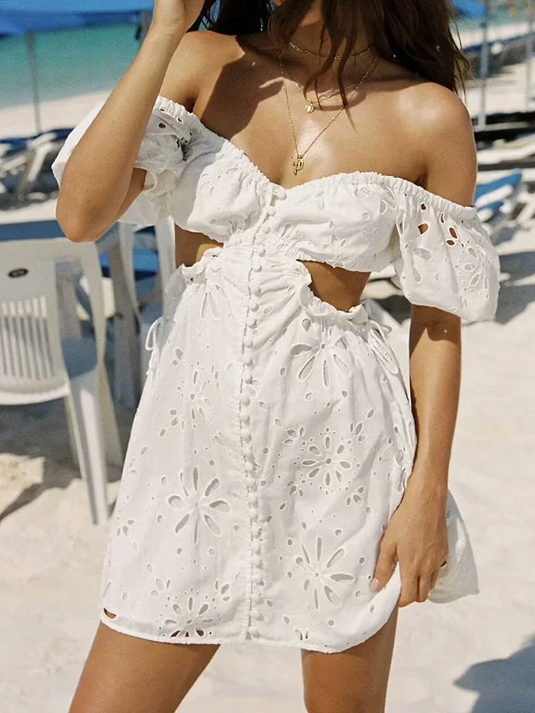 qgtao Gypsylady White Boho Sexy Mini Dress Summer Vocation Puff Sleeve Hollow Out Backless Ruffles Party Women Dresses Ladies Vestidos