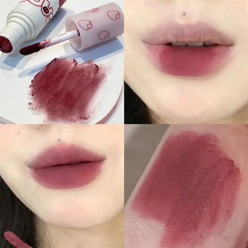 qgtao Lovely Strawberry Matte Liquid Lipstick Velvet Nude Red Lip Gloss Long Lasting Non-stick Cup Lip Mud Tint Cream Makeup Cosmetics