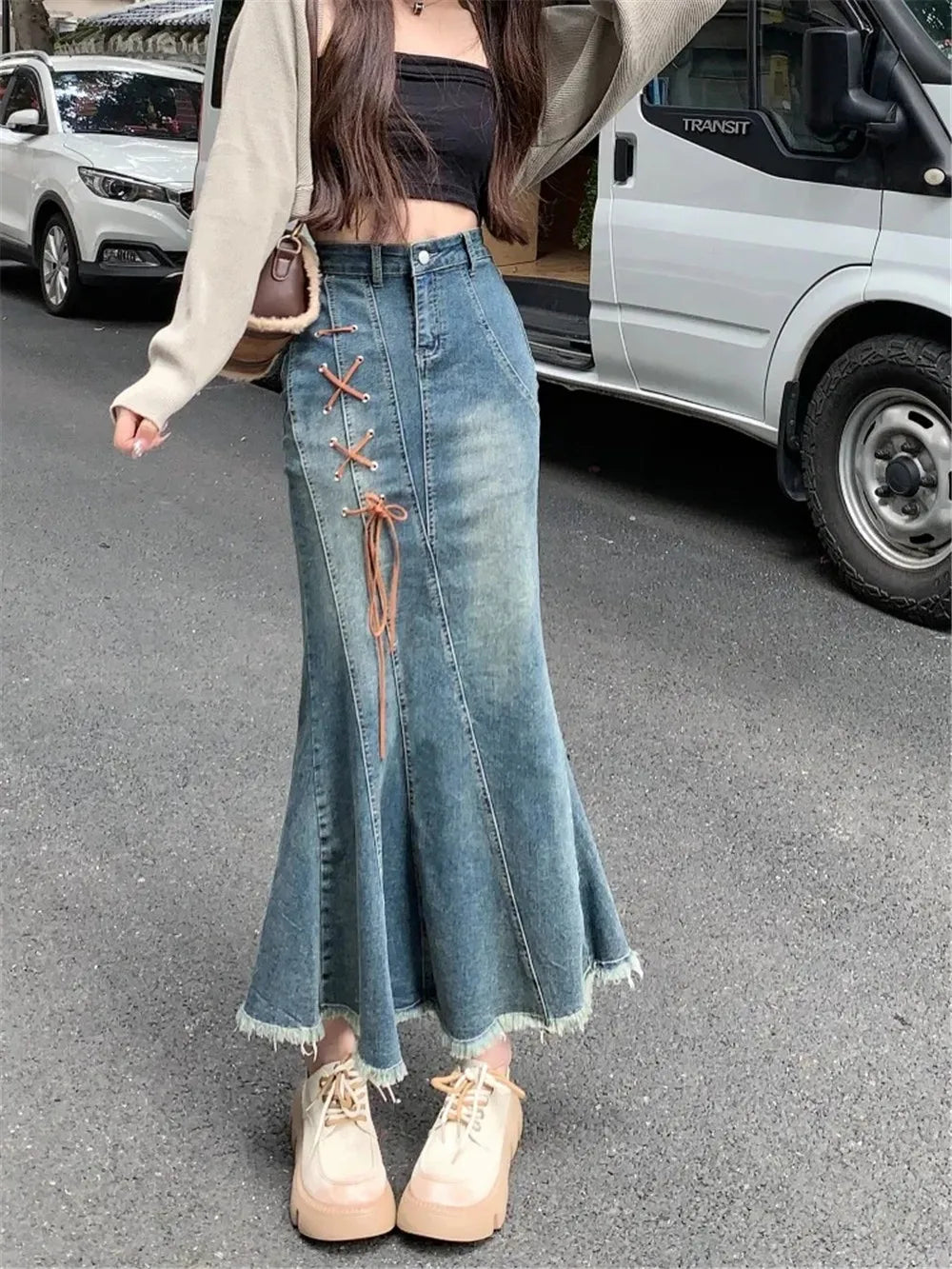 qgtao Y2k Aesthetic Vintage High Waist Denim Midi Skirt Slim Women Korean Streetwear Bandage Mermaid Skirts Elegant Blue Trumpet Skirt