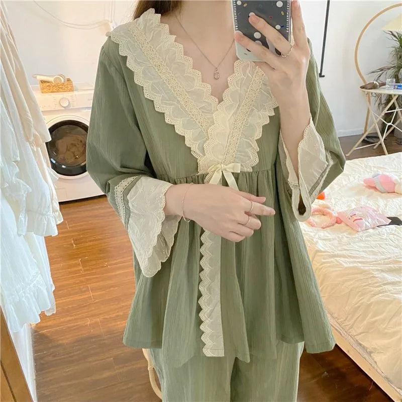 qgtao 2024 New Pajamas for Women Solid Color Sweet Loose Sleepwear Pullover Homewear Set V-neck Lace Contrasting Colors Loungewear