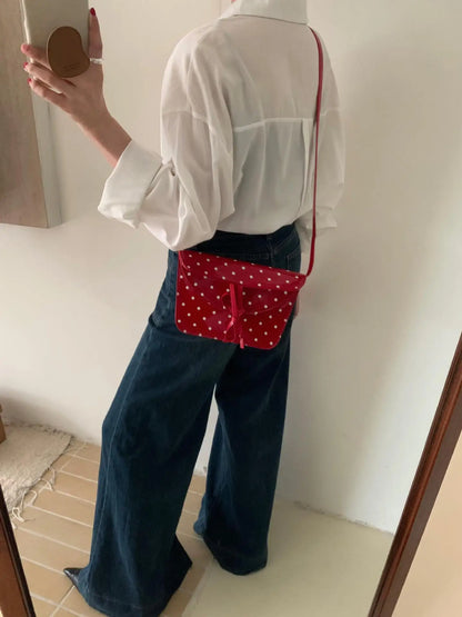 qgtao Wave Point Bow Crossbody Bag Retro Lacquered Leather Phone Small Bag Girls' Versatile Square Bag Spring Summer Hong Kong Style